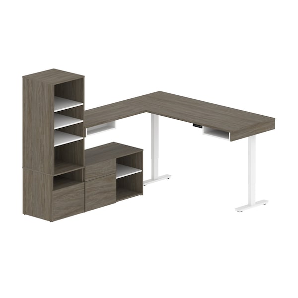 Bestar Viva 72W L-Shaped Standing Desk with Credenza and Shelving Unit in walnut grey & white